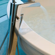 The clean lines of the freestanding spa bath bathtub, plumbing fixture, product design, tap, water, gray