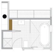 The bathroom incorporates laundry facilities (at left). These angle, architecture, area, design, diagram, drawing, elevation, floor plan, house, line, plan, product, product design, square, structure, white