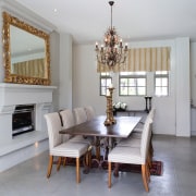 A view of some dining romm furniture from ceiling, dining room, estate, floor, flooring, home, interior design, living room, property, real estate, room, table, window, gray