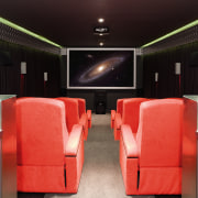 A view of this 12-seater theatre features its auditorium, interior design, black, red