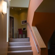 A view of the staircase that features the architecture, ceiling, daylighting, floor, glass, handrail, hardwood, home, house, interior design, lighting, stairs, wall, window, wood, brown