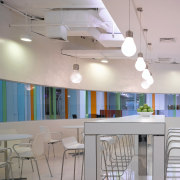 a view of the staff cafeteria and breakout ceiling, daylighting, interior design, light fixture, lighting, product design, table, gray