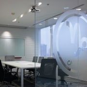 An interior view of the new HP office ceiling, daylighting, glass, interior design, light fixture, lighting, office, product design, table, gray