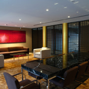 An interior view of this functions space featuring ceiling, conference hall, interior design, living room, lobby, real estate, room, black, gray