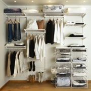 A view of a storage system from Plastic closet, clothes hanger, furniture, room, wardrobe, gray, white