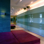 A view of the lbby featuring striped feature architecture, ceiling, daylighting, floor, flooring, glass, hardwood, house, interior design, light, lighting, lobby, wall, gray