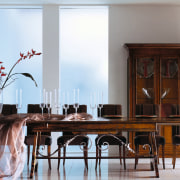 A view of the custom designed table and chair, dining room, furniture, interior design, room, table, window, white