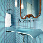 A view of this bathroom featuring mosaic tiling, bathroom, blue, floor, interior design, plumbing fixture, product, product design, purple, room, sink, tap, tile, wall, teal