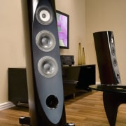 A vie wof some home theatre equipment. - audio, audio equipment, computer speaker, electronic device, electronics, loudspeaker, multimedia, product, product design, sound, sound box, speaker, subwoofer, technology, brown, orange