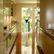 The gallery kitchen was made smaller to create architecture, ceiling, countertop, floor, flooring, hardwood, home, house, interior design, laminate flooring, lobby, real estate, room, window, wood, wood flooring, brown