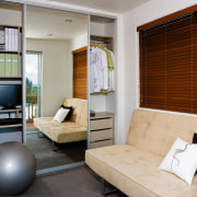 A view of this modern retro bedroom designed interior design, living room, room, suite, window, window covering, window treatment, gray