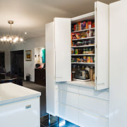 A view of this kitchen featuring tiled flooring, home appliance, interior design, kitchen, room, gray, white