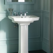 The Kohler Archer Suite, witch includes a pedestal bathroom, bathroom accessory, bathroom cabinet, bathroom sink, floor, flooring, interior design, plumbing fixture, product design, room, sink, structure, tap, tile, gray, black