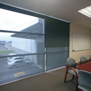 A view of some blinds from Window Treatments architecture, door, glass, interior design, office, wall, window, gray