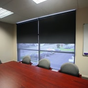 A view of some blinds from Window Treatments architecture, ceiling, conference hall, daylighting, floor, glass, interior design, office, table, window, gray, black