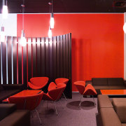 Vibrant red enlivens the new cafe in the ceiling, interior design, lighting, restaurant, table, red