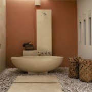 A view of the organic formed appaiser freestanding bathroom, ceramic, floor, flooring, interior design, plumbing fixture, room, tile, brown, orange