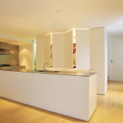 An interio view of the kitchen featuring timber architecture, ceiling, floor, flooring, interior design, kitchen, property, real estate, room, orange, gray