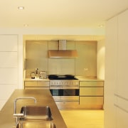 An interio view of the kitchen featuring timber apartment, architecture, cabinetry, countertop, floor, interior design, kitchen, real estate, room, orange