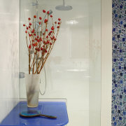 A view of this bathroom featuring white cabinetry, ceiling, glass, interior design, room, gray