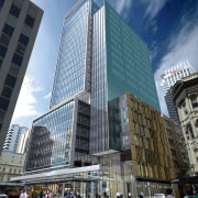 A view of a building designed in conjunction architecture, building, city, commercial building, condominium, corporate headquarters, daytime, downtown, facade, headquarters, hotel, landmark, metropolis, metropolitan area, mixed use, neighbourhood, plaza, sky, skyscraper, tower, tower block, urban area, black, teal