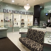 An interior view of the diamond &amp; Time boutique, interior design, retail, gray, black