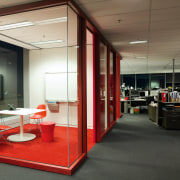 A view of the workshop featuring glass walls, ceiling, floor, flooring, interior design, office