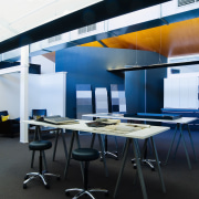 A view of some interior design by Yellowfox. architecture, ceiling, furniture, interior design, office, product design, table, black, white