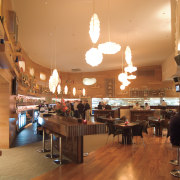 A view of the Garrison Public House at café, cafeteria, coffeehouse, food court, interior design, restaurant, brown, orange