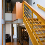 A view of the timber staircase, timber flooring architecture, daylighting, handrail, house, interior design, loft, stairs, wood, gray, brown