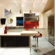 A view of this kitchen featuring quarell and countertop, furniture, interior design, kitchen, white