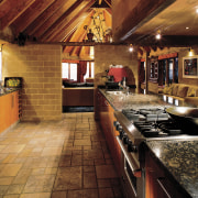 An interior view of the living areas featuring ceiling, countertop, estate, flooring, interior design, kitchen, real estate, room, brown, red
