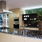 A view of this kitchen featuring polished timber cabinetry, countertop, interior design, kitchen, room, gray