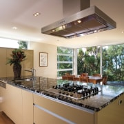 A view of this kitchen featuring polished timber ceiling, countertop, estate, interior design, kitchen, real estate, room, window, brown, gray