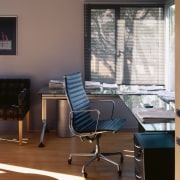 A view of the office featuring glass table, chair, desk, floor, flooring, furniture, interior design, office, table, window, window covering, black