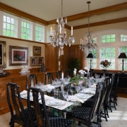 Traditional wood paneling and built in cabinets are dining room, home, interior design, kitchen, room, table, brown