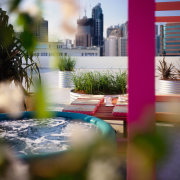 An exterior view of the patio area which home, interior design, leisure, real estate, swimming pool, table, water, brown