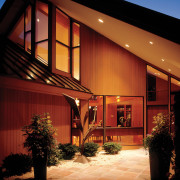 Replacing the flat roof with a pitched roof architecture, estate, facade, home, house, interior design, lighting, property, real estate, residential area, siding, window, black, red