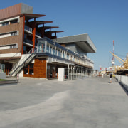 A view of the Portside Wharf  Waterway building, fixed link, port, structure, gray