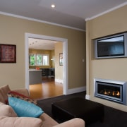 A view of this living area featuring an ceiling, hearth, home, interior design, living room, real estate, room, gray