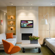 A view of the living area, wooden flooring ceiling, floor, furniture, home, interior design, living room, room, table, wall, gray, brown