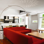 A view of the lounge, dining and kitchen architecture, ceiling, house, interior design, living room, loft, real estate, room, table, white