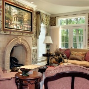 French doors in the family room are topped estate, fireplace, hearth, home, interior design, living room, real estate, room, window, window treatment, orange, brown