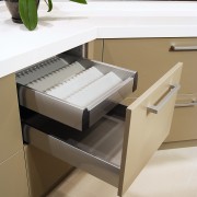 A view of this modern contemporary designed kitchens coffee table, drawer, furniture, product, product design, table, gray, brown