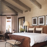 A view of the master bedroom, carpet flooring, bed frame, bedroom, ceiling, estate, furniture, interior design, room, suite, brown, gray