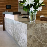A view of some kitchen benchtops by WK countertop, floor, flooring, flowerpot, furniture, interior design, table, tile, wall, gray, brown