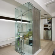 A view of the master bedroom and Bathroom, architecture, display case, glass, interior design, gray
