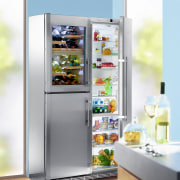 A view of this kitchen featuring the latest display case, home appliance, kitchen appliance, major appliance, product, refrigerator, white