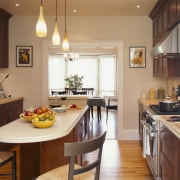 A view of a kitchen designed by Templer cabinetry, countertop, cuisine classique, dining room, home, interior design, kitchen, real estate, room, orange, brown