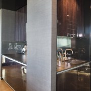 View of kitchen desihned by Architect Angela Foster architecture, cabinetry, countertop, floor, flooring, glass, interior design, kitchen, wall, gray, black